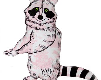 medium raccoon shaped pillow-wildlife-woodland critter-animal lover-raccoon lover gift-nature lover-hand drawn-pink white toile fabric