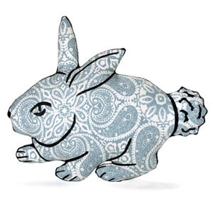 bunny rabbit shape medium pillow-animal lover gift-bunny lover-rabbit lover-rabbit mom-pet lover-hand drawn blue white paisley floral fabric