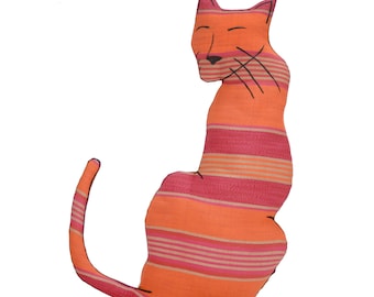 cat pillow-extra large fruit striped looking back cat shaped pillow-cat lover gift-pet lover-kitty pillow-pink orange stripe woven cotton