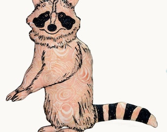 raccoon shaped medium pillow-wildlife lover-woodland critter-animal lover gift-raccoon lover gift-nature lover-hand drawn-peach batik fabric