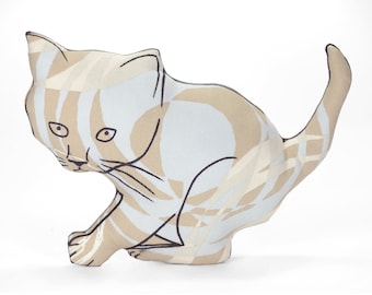 Hand-Drawn Kitten Pillow: Tan & Blue Swirl Cotton, Cat Lover Gift
