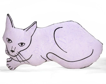 medium cat pillow-animal pillow-purple cat pillow-cat lover gift-pet lover-cat mom-kitty pillow-relaxed cat shape light purple batik fabric