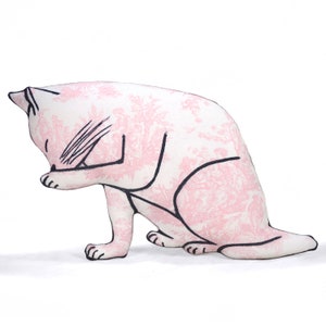 cat pillow-cat lover gift-pet lover gift-cat mom gift-cat licking paw shaped medium pillow kitty shape pink white toile cotton fabric pillow