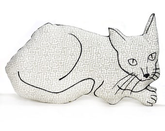 cat pillow-kitty pillow-cat lover gift-animal pillow-pet lover gift-big relaxed cat shaped gray geometric cotton upholstery fabric pillow