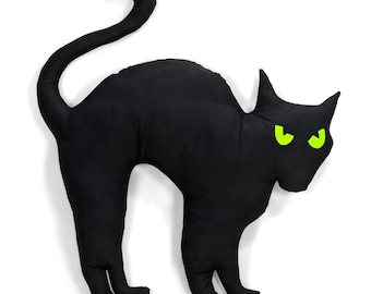 Large Black Cat Pillow: Green Glowing Eyes, Animal Lover Gift
