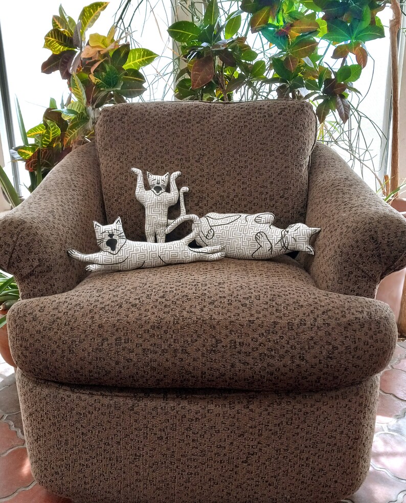 medium cat shaped pillow-kitty pillow-pet lover gift-cat lover gift-flying cat pillow-animal lover gift-cat lady-gray white geometric fabric image 4