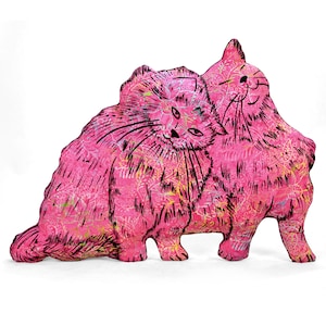cat couple shaped large pillow-cat lover gift-pet lover-animal lover-wedding gift-hand drawn cat pillow-pink floral batik cotton fabric