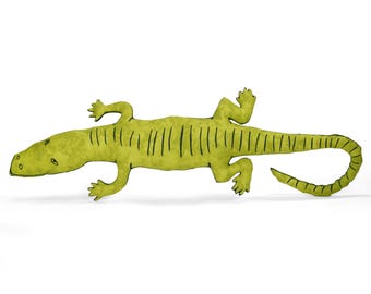 big alligator pillow-gator shaped pillow-reptile pillow-critter lover gift-hand drawn gator-wildlife-alligator lover gift-green batik fabric