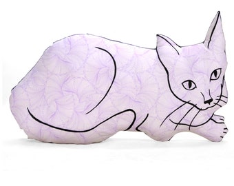 cat pillow-kitty pillow-cat lover gift-animal pillow-pet lover-big relaxed cat shaped light purple graphic patterned cotton fabric pillow