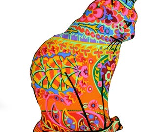 Paisley Cat Pillow: Hand-Drawn Whimsical Kitty Throw Pillow