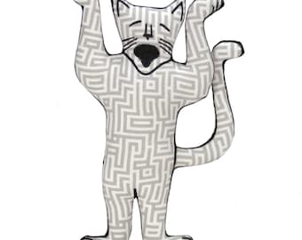 Handmade Gray Cat Pillow: Geometric Cotton Stuffed Animal