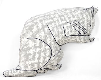 decorative pillow, cat pillow, animal pillow, cat licking paw shaped big pillow, kitty shaped pillow, gray geometric upholstery fabric