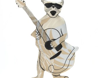 Guitar Cat Pillow: Handmade Tan & Blue Swirl Cotton Decorative Pillow
