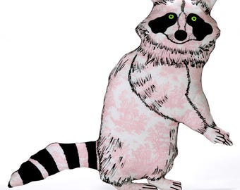 big raccoon shaped pillow-wildlife-woodland critter-animal lover gift-raccoon lover gift-nature lover-hand drawn-pink white toile fabric