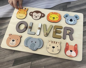 Gepersonaliseerde babynaampuzzel met dieren, handgemaakte houten, aangepaste verjaardagscadeau voor babymeisje en jongen, Montessori-speelgoed voor één jaar oud