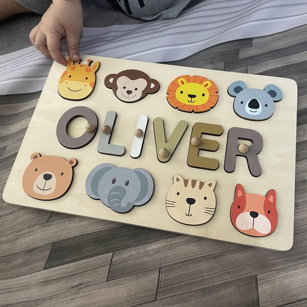 Personalized Baby Name Puzzle with Animals, Handmade Wooden, Custom Baby Girl and Boy Birthday Gift, Montessori Toys for One-Year-Old