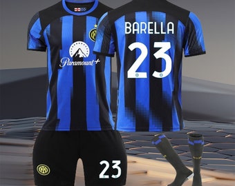 23/24 Inter Milan Home Jersey Set, #23 Barella, Soccer Jersey And Shorts WIth Socks Set, Soccer Jersey For Adult's And Children's Size