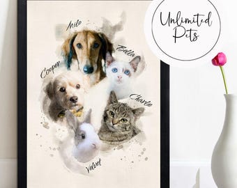 Custom Pet Portrait, Watercolour Style Pet Artwork, Multiple Pets Combined, Digital Download, Personalized Dog Cat Wall Art, Canvas Print