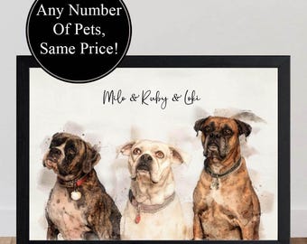 Custom Multi Pet Portrait from Photo | 2+ Pets Watercolour Group Portrait | Dog Cat Family Art Print Canvas