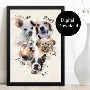 May include: A framed print with watercolour portraits of five dogs, each with a name beneath. The dogs include a Chihuahua, Beagle, Schnauzer, Havanese, and a French Bulldog. A black circle with the words "Digital Download" is on the right.
