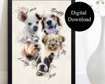Custom Watercolour Pet Portrait, Christmas Gift, Multiple Pets, Memorial Gift, Printable Art, Digital Download