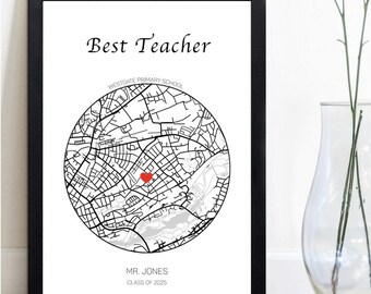 May include: A framed print with the words "Best Teacher" above a circular map illustration. The map features a red heart and the text "Westgate Primary School", "Mr. Jones", and "Class of 2025". The frame is black.