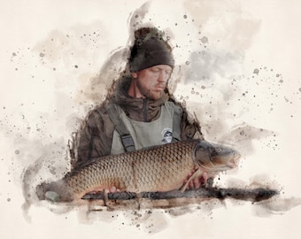 Custom Watercolour Fishing Portrait from Photo, Personalised Fishing Gift for Fisherman, Angler Wall Art