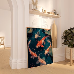 Japanischer Koi Fischteich Digitales Poster - Serene Aquatic Art Print, lebhafter Aquarellstil, Zen-inspirierte Wanddekoration, Instant Download