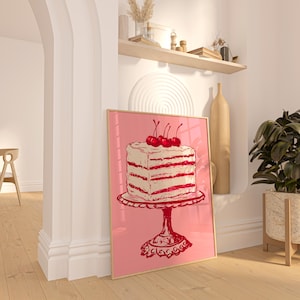 Vintage Cake Print, Pink Retro Kitchen Wall Art, Cherry Cake Illustration, Dessert Poster, Bakery, Cottagecore Aesthetic, Digital Download