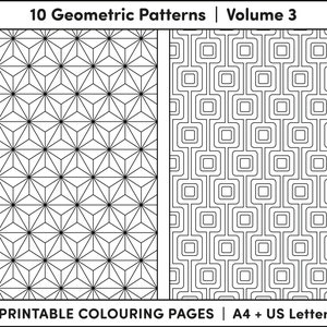 May include: Two black and white geometric patterns for colouring. The first pattern is a repeating star shape. The second pattern is a repeating square shape. The text "10 Geometric Patterns | Volume 3" and "PRINTABLE COLOURING PAGES | A4 + US Letter" is at the top and bottom of the image.