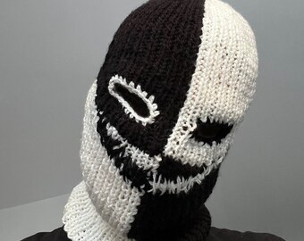 Pasamontañas de punto hecho a mano máscara de esquí diablo joker espeluznante máscara de halloween dividida por la mitad como crochet