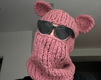 Joli chapeau d'ours cagoule avec oreilles, masque de ski cagoule ours en tricot fait main, cadeau masque de festival au crochet