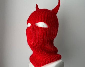 Creepy Handmade Balaclava with horns devil funny ski mask halloween cosplay