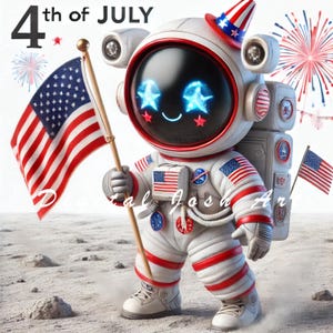 May include: A white astronaut figure with red and blue accents stands on a lunar surface, holding an American flag. The helmet visor displays glowing blue star-shaped eyes and a smile. Text reads 4th of JULY and Digital Josh Art.