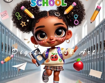 May include: A digital illustration of a young girl with curly hair, pencils, and the words "BACK TO SCHOOL". She wears a sweater with an apple design, a plaid skirt, and sneakers. The background shows school lockers.