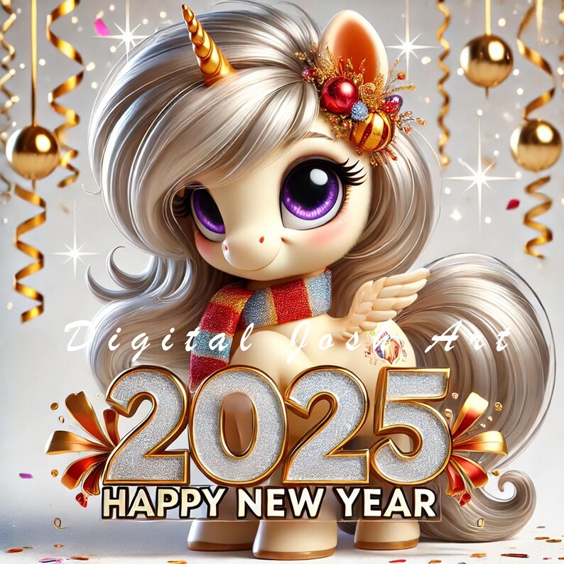 10 JPEG Cute 2025 New Year Unicorn Clipart Bundle Winter Acrylic