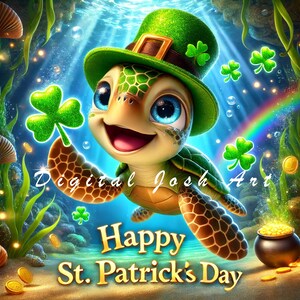 Könnte beinhalten: Eine Cartoon-Meeresschildkröte trägt einen grünen Koboldhut mit einer goldenen Schnalle und hält ein Kleeblatt. Die Schildkröte schwimmt unter Wasser mit einem Regenbogen im Hintergrund. Der Text "Happy St. Patrick's Day" steht unter der Schildkröte.