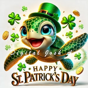 Könnte beinhalten: Eine grüne Schildkröte trägt einen grünen Hut mit einer goldenen Schnalle und einer goldenen Kleeblatt-Anstecknadel. Die Schildkröte fliegt mit ausgestreckten Armen und Beinen. Der Hintergrund ist weiß mit goldenen Münzen und grünen Kleeblättern. Der Text "Happy St. Patrick's Day" ist in goldenen Buchstaben unter der Schildkröte geschrieben.