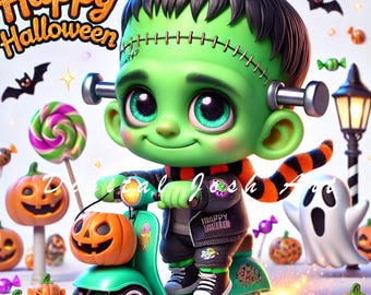 May include: A cartoon illustration of Frankenstein riding a teal scooter with a pumpkin basket. The image includes Halloween-themed elements like pumpkins, bats, and candy. The words "Happy Halloween" are displayed in gold lettering.