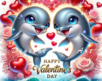 Lot de 10 cliparts dauphins mignons JPEG pour la Saint-Valentin - adorables dessins de dauphins d'hiver, téléchargement numérique, usage commercial, art romantique de l'océan