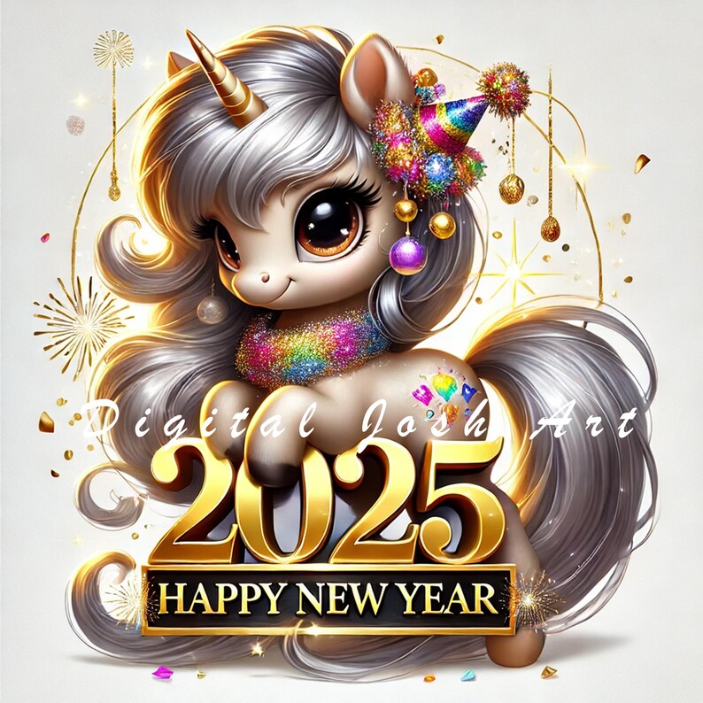 10 JPEG Cute 2025 New Year Unicorn Clipart Bundle Winter Acrylic