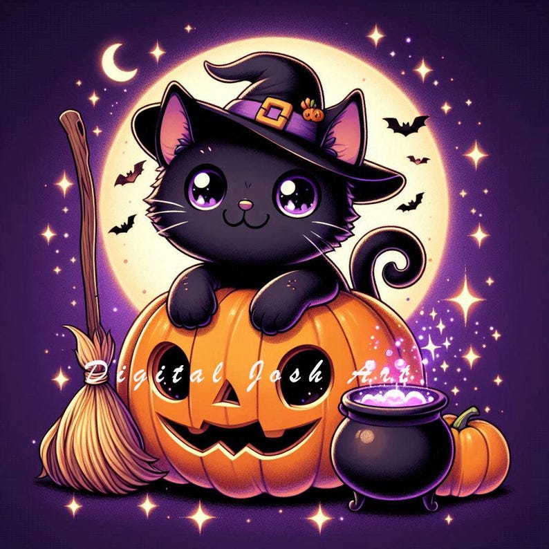 Cute Halloween Black Cat With Witch Hat Kawaii Cat on Pumpkin Magical
