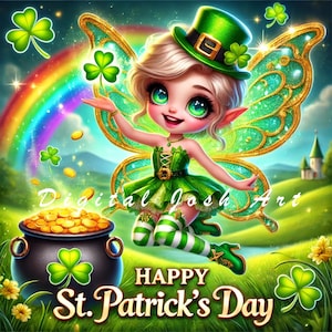 Puede incluir: Un hada de dibujos animados con alas verdes y un sombrero verde con una hebilla dorada. Está sosteniendo una olla de monedas de oro y está rodeada de tréboles. El texto "Happy St. Patrick's Day" está escrito debajo de ella.