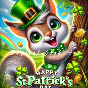 May include: A cartoon squirrel wearing a green leprechaun hat with a gold buckle and a green and white polka dot bow tie. The squirrel is holding onto a tree trunk with a shamrock on it. The text "Happy St. Patrick's Day" is written below the squirrel.