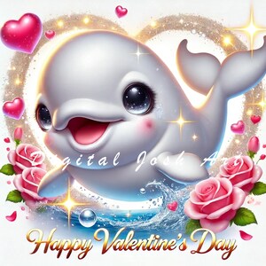 May include: A white dolphin with big, sparkling eyes smiles and jumps out of the water.  Pink roses and hearts surround the dolphin.  The text "Happy Valentine's Day" is written in gold letters at the bottom of the image.