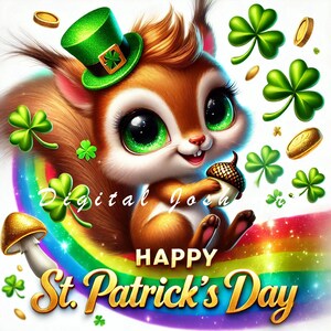 May include: A cute cartoon squirrel wearing a green leprechaun hat sits on a rainbow with shamrocks and gold coins scattered around. The text "Happy St. Patrick's Day" is written below the squirrel.