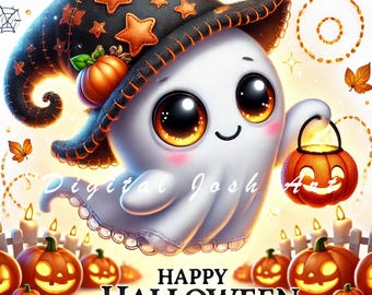 May include: A cute cartoon ghost wearing a witch hat with orange stars and a pumpkin. The ghost holds a jack-o'-lantern and is surrounded by pumpkins and candles. The words "HAPPY HALLOWEEN" are at the bottom of the image.