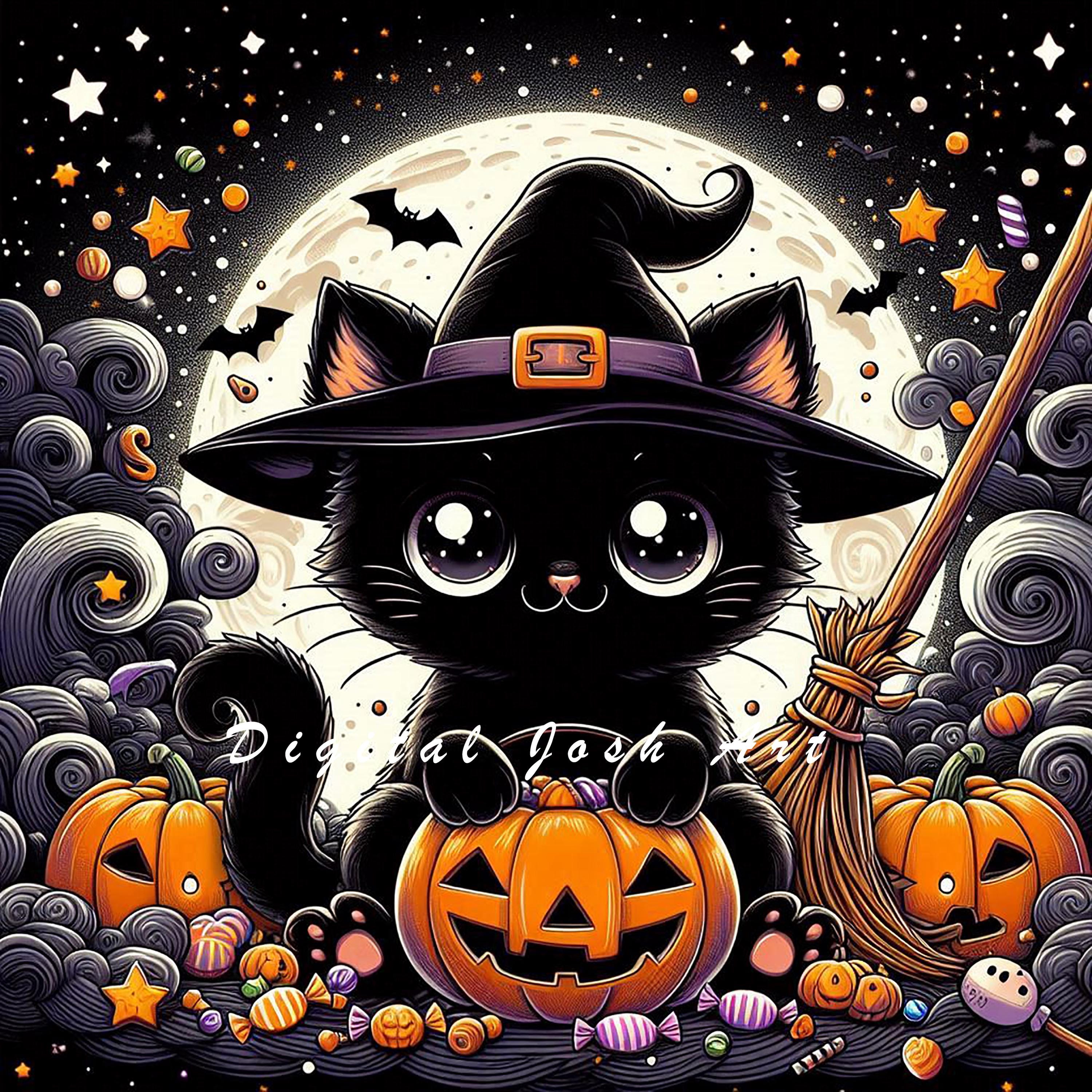 Black Cat Halloween Digital Art Cute Witch Cat With Pumpkins - Etsy