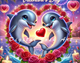10 JPEG Cute Valentine’s Day Dolphin Clipart Bundle - Winter Dolphin Designs, Digital Download, Commercial Use, Adorable Marine Art