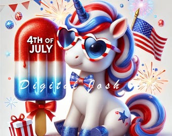 May include: A whimsical illustration featuring a white unicorn with patriotic red, white, and blue accents. The unicorn wears heart-shaped sunglasses and a bow tie, with a popsicle that reads "4th of July." An American flag and fireworks complete the festive scene.
